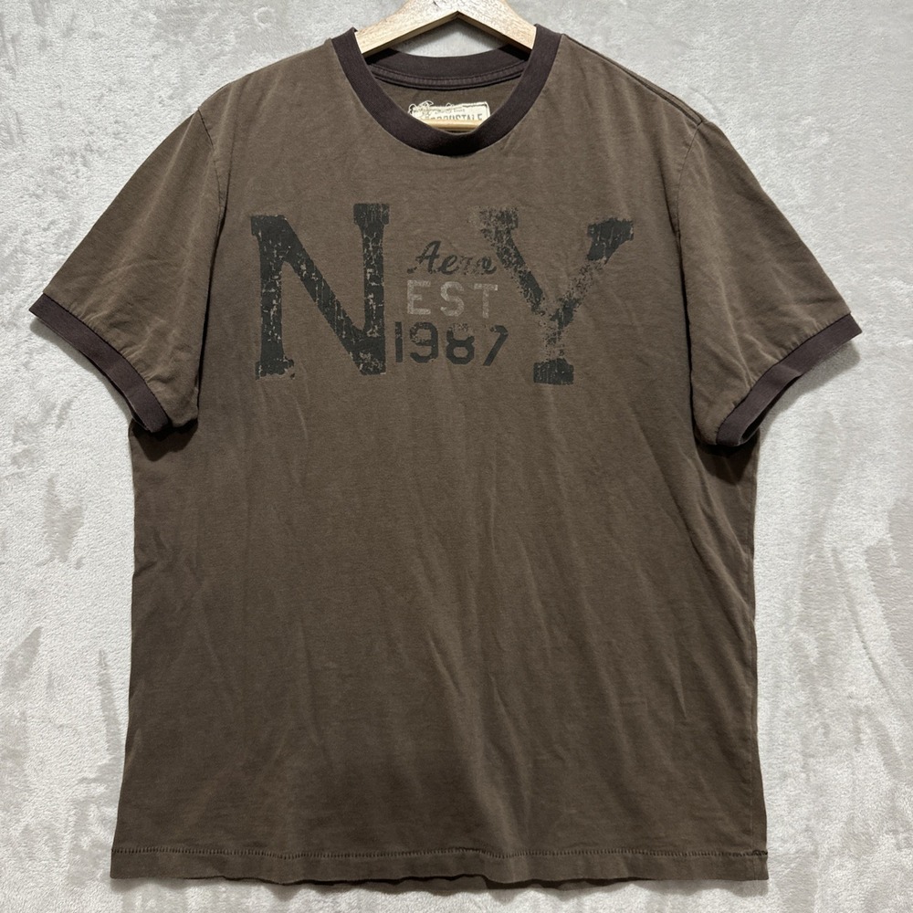 Aeropostale 1987 NY Graphic T Shirt Men's L Brown Short Sleeve Ribbed‎ Crewneck